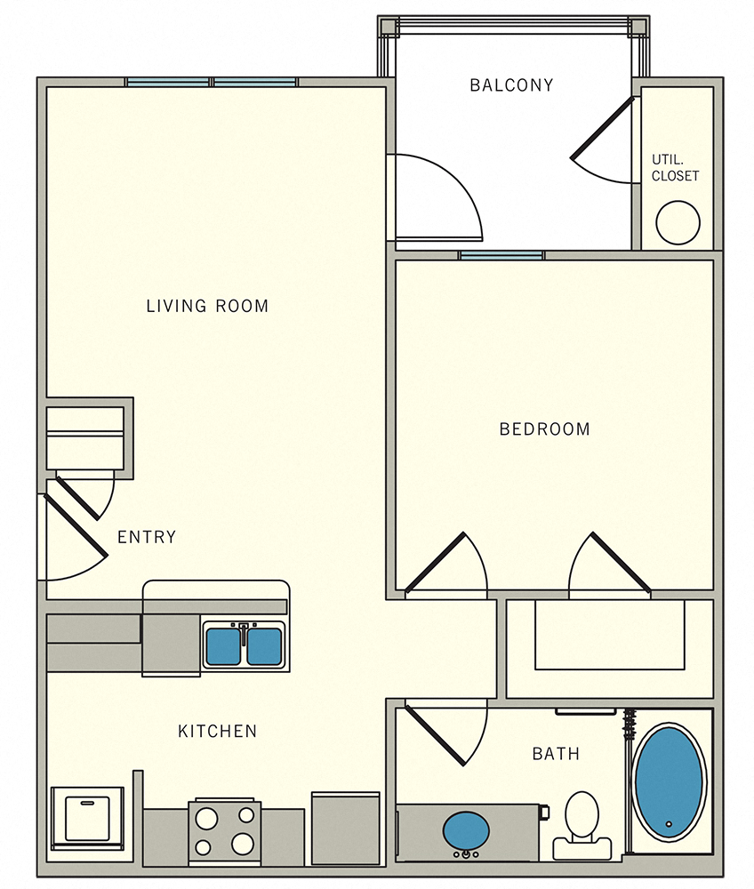 Floor plan for 1 bed, 1 bath, 589 sqft